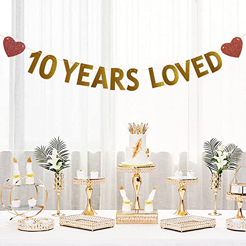 10 YEARS LOVED Banner for 10th Birthday /Wedding Anniversary Party Decorations Supplies, Pre-strung, No Assembly Required, Gold Glitter Paper Garlands Banner, Backdrops, Letters Gold, Betteryanzi