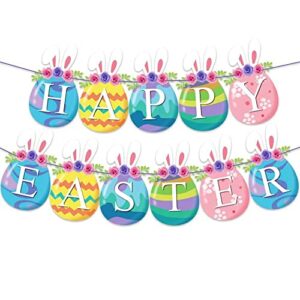 happy easter paper hanging banner, easter sign wall decoration with shape of cute colorful rabbits and eggs for indoor and outdoor decorations