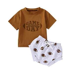 funny newborn infant baby boy girl game day vibes football bodysuit romper+shorts set clothes outfits 2pcs (brown, 0-6 months)