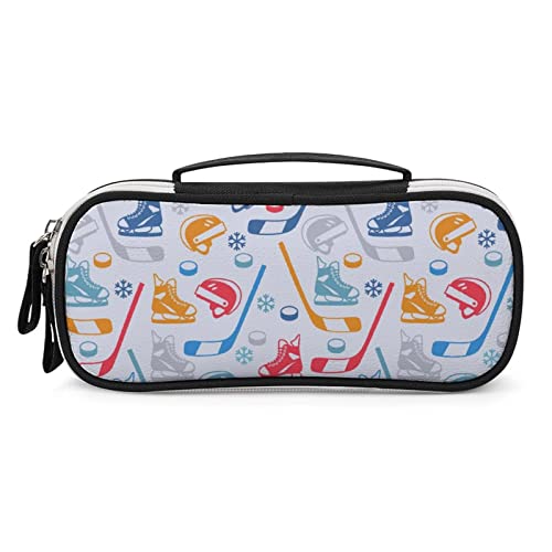 Ice Hockey Pattern Printed Pencil Case Bag Stationery Pouch with Handle Portable Makeup Bag Desk Organizer