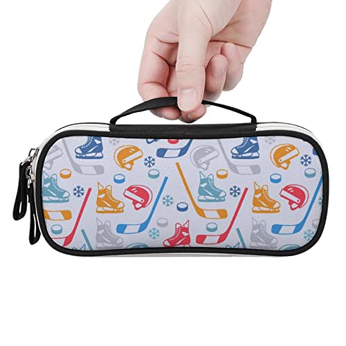 Ice Hockey Pattern Printed Pencil Case Bag Stationery Pouch with Handle Portable Makeup Bag Desk Organizer