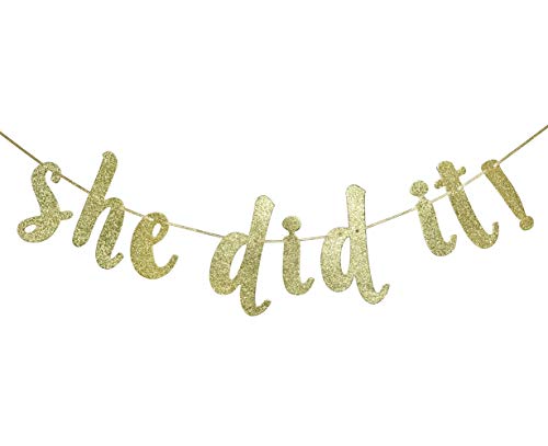 She Did It Gold Glitter Cursive Banner Sign, Graduation Garland, Class of 2023 Grad Party Decorations Supplies (Gold)