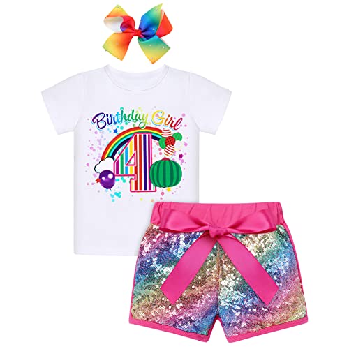 4th Birthday Outfit Girl Toddler Kids Short Sleeve T-shirt+Shiny Gold Rainbow Sequin Shorts+Headband 3PCS Summer Clothes Melon Themed Gifts Watermelon Party Supplies Cake Smash Photoshoot Pink-4 4T