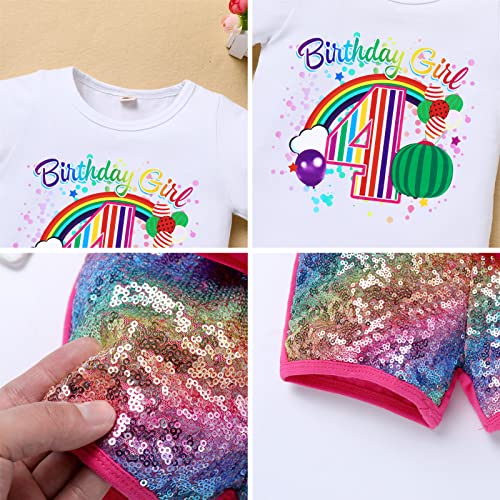 4th Birthday Outfit Girl Toddler Kids Short Sleeve T-shirt+Shiny Gold Rainbow Sequin Shorts+Headband 3PCS Summer Clothes Melon Themed Gifts Watermelon Party Supplies Cake Smash Photoshoot Pink-4 4T