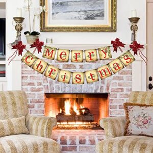 merry christmas banner – vintage christmas banners xmas decorations for mantle indoor, christmas new year party fireplace decorations, christmas chimney banner with 4 red pull flower
