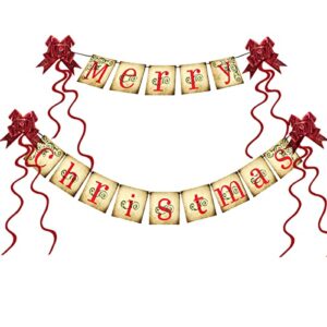 Merry Christmas Banner - Vintage Christmas Banners Xmas Decorations for Mantle Indoor, Christmas New year Party Fireplace Decorations, Christmas Chimney Banner with 4 Red pull flower