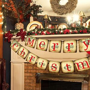 Merry Christmas Banner - Vintage Christmas Banners Xmas Decorations for Mantle Indoor, Christmas New year Party Fireplace Decorations, Christmas Chimney Banner with 4 Red pull flower