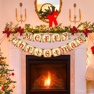 Merry Christmas Banner - Vintage Christmas Banners Xmas Decorations for Mantle Indoor, Christmas New year Party Fireplace Decorations, Christmas Chimney Banner with 4 Red pull flower