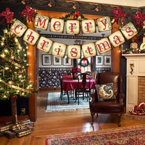 Merry Christmas Banner - Vintage Christmas Banners Xmas Decorations for Mantle Indoor, Christmas New year Party Fireplace Decorations, Christmas Chimney Banner with 4 Red pull flower