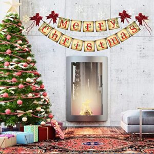 Merry Christmas Banner - Vintage Christmas Banners Xmas Decorations for Mantle Indoor, Christmas New year Party Fireplace Decorations, Christmas Chimney Banner with 4 Red pull flower