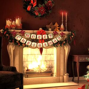 Merry Christmas Banner - Vintage Christmas Banners Xmas Decorations for Mantle Indoor, Christmas New year Party Fireplace Decorations, Christmas Chimney Banner with 4 Red pull flower