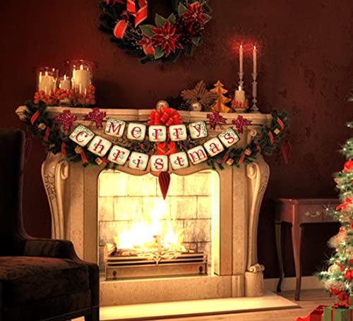 Merry Christmas Banner - Vintage Christmas Banners Xmas Decorations for Mantle Indoor, Christmas New year Party Fireplace Decorations, Christmas Chimney Banner with 4 Red pull flower
