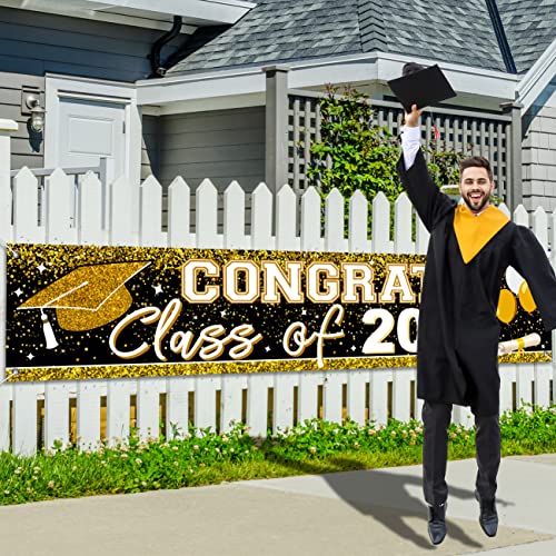 Large Congrats Grad Banner Gold Class of 2023 Banner Backdrop Graduation 2023 Yard Sign for Graduation Party Supplies Graduation Decorations 2023 (Gold)