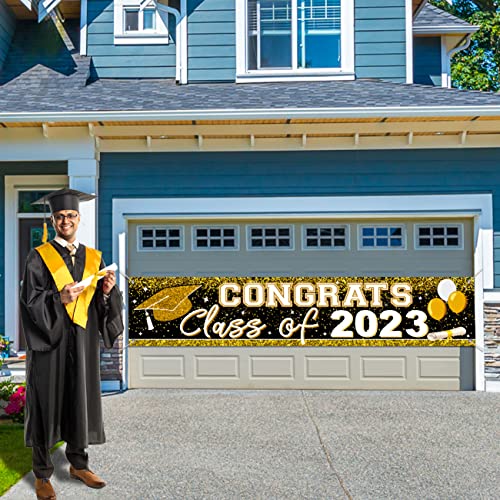Large Congrats Grad Banner Gold Class of 2023 Banner Backdrop Graduation 2023 Yard Sign for Graduation Party Supplies Graduation Decorations 2023 (Gold)