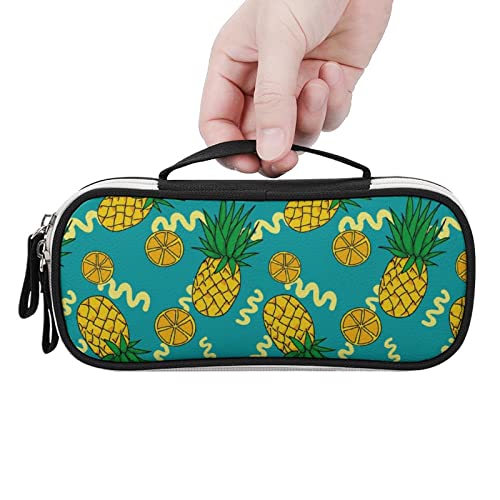 Pineapple and Lemon Pattern Printed Pencil Case Bag Stationery Pouch with Handle Portable Makeup Bag Desk Organizer