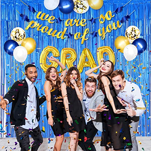 2022 Graduation Party Decorations-Blue and Gold We Are So Proud Of You Banner, Congrats Grad Balloon Foil Curtain Backdrop Party Supplies, Photo Prop for Indoor Outdoor Home High School, College