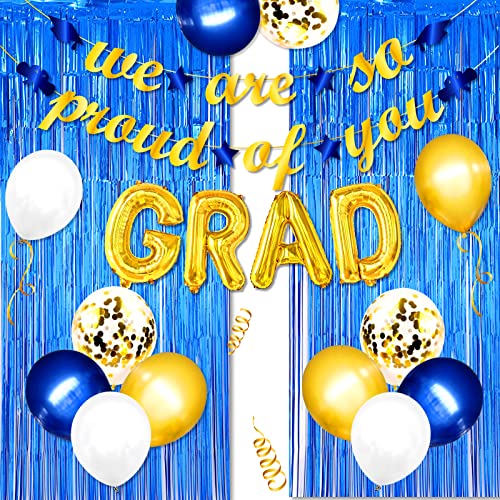 2022 Graduation Party Decorations-Blue and Gold We Are So Proud Of You Banner, Congrats Grad Balloon Foil Curtain Backdrop Party Supplies, Photo Prop for Indoor Outdoor Home High School, College