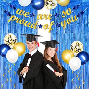 2022 Graduation Party Decorations-Blue and Gold We Are So Proud Of You Banner, Congrats Grad Balloon Foil Curtain Backdrop Party Supplies, Photo Prop for Indoor Outdoor Home High School, College