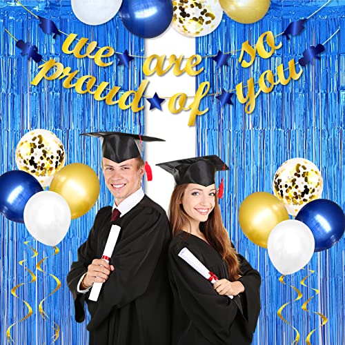 2022 Graduation Party Decorations-Blue and Gold We Are So Proud Of You Banner, Congrats Grad Balloon Foil Curtain Backdrop Party Supplies, Photo Prop for Indoor Outdoor Home High School, College