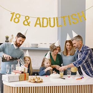 18 & Adultish Banner, Happy 18th Birthday Decor, Cheers to 18 Years Birthday Anniversary Party Supply Gold Glitter