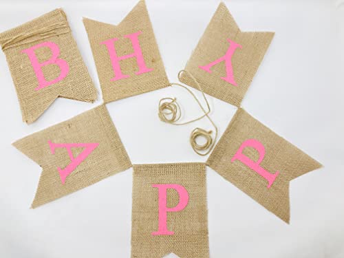 Shimmer Anna Shine Burlap Happy Birthday Banner for Birthday Party Decorations (Pink)