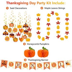 Dazonge Thanksgiving Decorations 40PCS, Pre-Assembled Thanksgiving Hanging Swirls, Thankful Banner, Fall Leaves String and Honeycomb Pumpkins for Indoor and Outdoor Thanksgiving Decor, Thanksgiving Decorations for Home