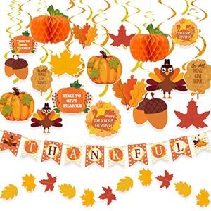 dazonge thanksgiving decorations 40pcs, pre-assembled thanksgiving hanging swirls, thankful banner, fall leaves string and honeycomb pumpkins for indoor and outdoor thanksgiving decor, thanksgiving decorations for home