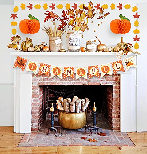 Dazonge Thanksgiving Decorations 40PCS, Pre-Assembled Thanksgiving Hanging Swirls, Thankful Banner, Fall Leaves String and Honeycomb Pumpkins for Indoor and Outdoor Thanksgiving Decor, Thanksgiving Decorations for Home