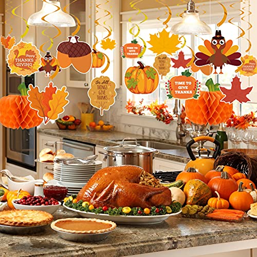 Dazonge Thanksgiving Decorations 40PCS, Pre-Assembled Thanksgiving Hanging Swirls, Thankful Banner, Fall Leaves String and Honeycomb Pumpkins for Indoor and Outdoor Thanksgiving Decor, Thanksgiving Decorations for Home