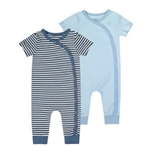 Teach Leanbh Baby Boys Girls 2 Pack Footless Pajamas Cotton Short Sleeve Side Snap Romper Jumpsuit Sleep and Play (Blue+Gray stripe, 12-18 Months)