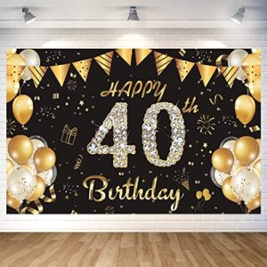 happy 40th birthday backdrop banner ,40 years old birthday decorations party supplies black and gold party decorations for women men cake table decor banner photo booth props 71×45inch- black gold