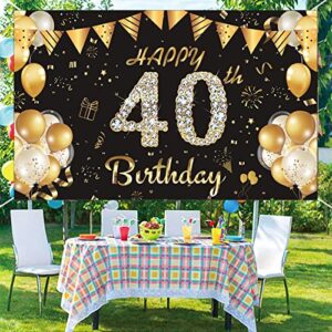 Happy 40th Birthday Backdrop Banner ,40 Years Old Birthday Decorations Party Supplies Black and Gold Party Decorations for Women Men Cake Table Decor Banner Photo Booth Props 71×45inch- Black Gold