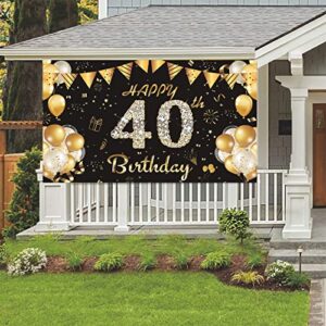 Happy 40th Birthday Backdrop Banner ,40 Years Old Birthday Decorations Party Supplies Black and Gold Party Decorations for Women Men Cake Table Decor Banner Photo Booth Props 71×45inch- Black Gold