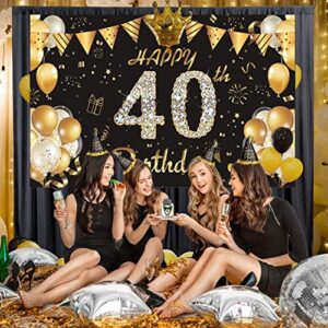 Happy 40th Birthday Backdrop Banner ,40 Years Old Birthday Decorations Party Supplies Black and Gold Party Decorations for Women Men Cake Table Decor Banner Photo Booth Props 71×45inch- Black Gold