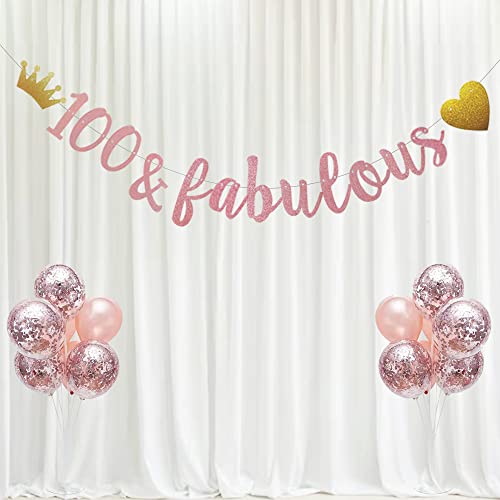 100 & fabulous Banner, Pre-Strung, No Assembly Required, Funny Rose Gold Paper Glitter Party Decorations for 100th Birthday Party Supplies, Letters Rose Gold,ABCpartyland