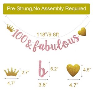 100 & fabulous Banner, Pre-Strung, No Assembly Required, Funny Rose Gold Paper Glitter Party Decorations for 100th Birthday Party Supplies, Letters Rose Gold,ABCpartyland