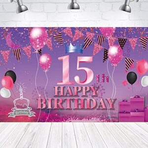 happy 15th birthday backdrop banner pink purple 15th sign poster 15 birthday party supplies for anniversary photo booth photography background birthday party decorations, 72.8 x 43.3 inch