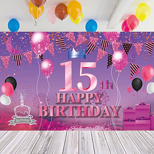 Happy 15th Birthday Backdrop Banner Pink Purple 15th Sign Poster 15 Birthday Party Supplies for Anniversary Photo Booth Photography Background Birthday Party Decorations, 72.8 x 43.3 Inch