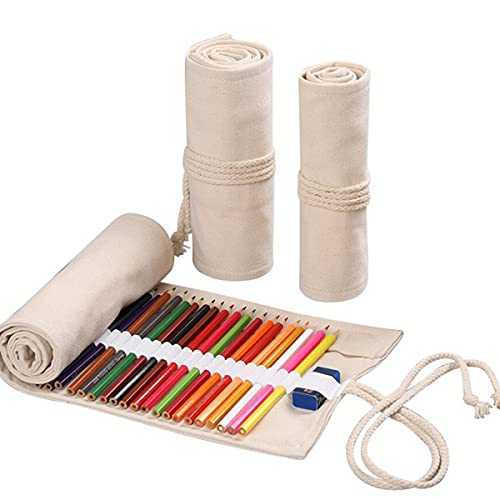 Misgirlot Pencil Roll Wrap,Drawing Coloring Canvas Pencil Roll 36/48/72 Slots Artist Pencil Wrap (Pencils Are NOT Included) Pencils Pouch Case Canvas Stationery(Natural Style,72 Slots)