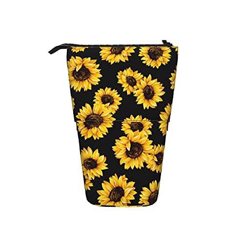 Gocerktr Sunflower Floral Pencil Telescopic Holder Storage, Office Standing Stationery Bag with Zipper, Organizer Pouch for Women Man