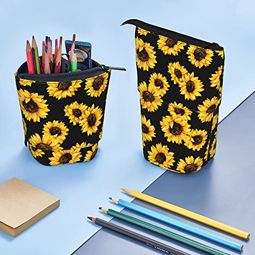 Gocerktr Sunflower Floral Pencil Telescopic Holder Storage, Office Standing Stationery Bag with Zipper, Organizer Pouch for Women Man