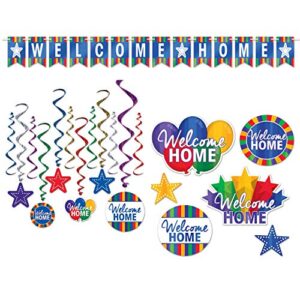 welcome home decorations with welcome home banner, hanging whirls, and foil cutouts – perfect party decor for returning family and friends, or deployment homecoming, or housewarming