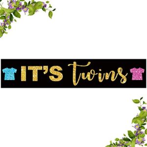 it’s twins large banner, glitter boy and girl twins baby shower yard sign, gender reveal party for babies outdoor garden decoration supplies (9.8 * 1.6 feet)