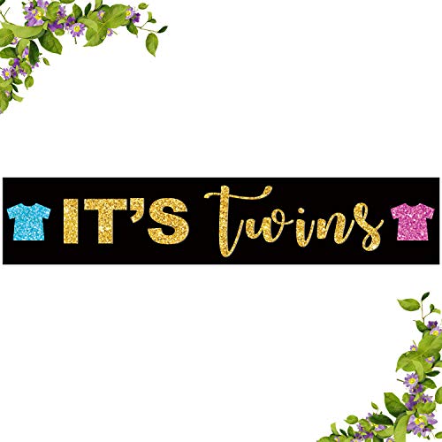 It's Twins Large Banner, Glitter Boy and Girl Twins Baby Shower Yard Sign, Gender Reveal Party for Babies Outdoor Garden Decoration Supplies (9.8 * 1.6 feet)