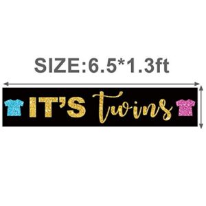 It's Twins Large Banner, Glitter Boy and Girl Twins Baby Shower Yard Sign, Gender Reveal Party for Babies Outdoor Garden Decoration Supplies (9.8 * 1.6 feet)