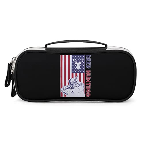 US Deer Hunting Flag Printed Pencil Case Bag Stationery Pouch with Handle Portable Makeup Bag Desk Organizer