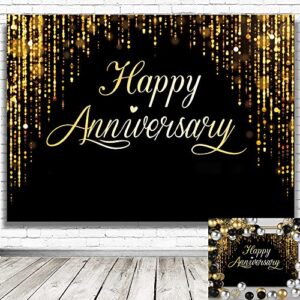 happy anniversary party decorations backdrop, black gold glitter bokeh dots wedding anniversary party photo background cake table banner extra large wall decor props (73” x 50”)