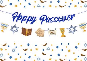 joymemo happy passover banner glitter passover party decorations – bunting garland with 8 pesach cutouts for passover seder, jewish holiday, hanukkah home decor