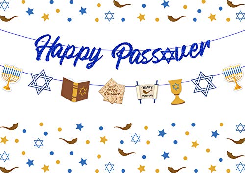 JOYMEMO Happy Passover Banner Glitter Passover Party Decorations - Bunting Garland with 8 Pesach Cutouts for Passover Seder, Jewish Holiday, Hanukkah Home Decor