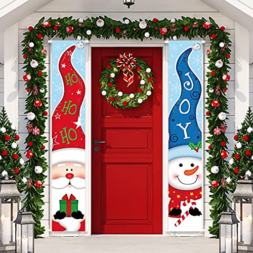 Christmas Banner Decorations Merry Christmas Porch Sign Door Banner Christmas Hanging Banner Outdoor Xmas Banner Hanging Decor for Winter Christmas Holiday Theme Party Supplies (Santa, Snowman)